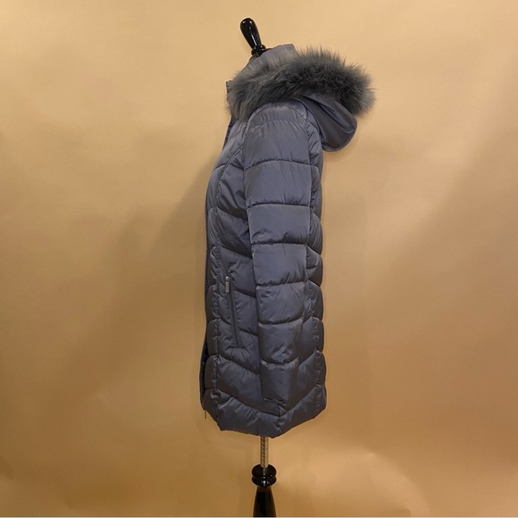 🛍️ Kenneth Cole New York Gray Chevron Puffer Long Winter Coat Jacket Fur Trim S - Picture 10 of 12